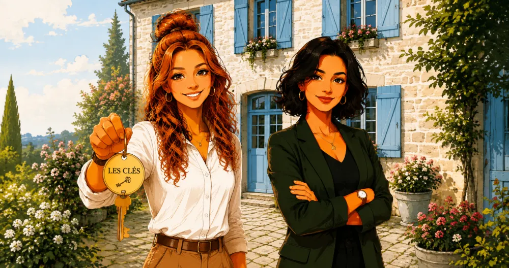 Julie et Carène, fondatrices des Clés de Julie et Carène, devant une maison en pierre en Corrèze