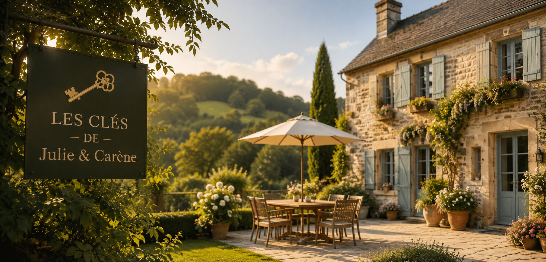 Maison de charme en pierre avec terrasse fleurie, gérée en Corrèze par Les Clés de Julie et Carène